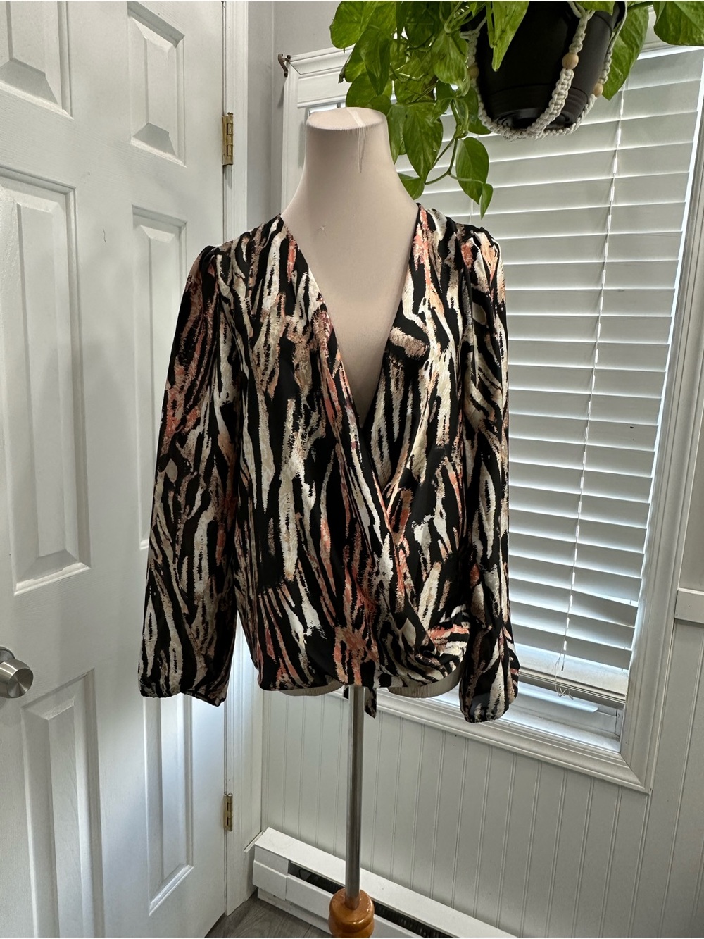 Kaii Abstract Wrap Blouse in Black, Cream & Rust